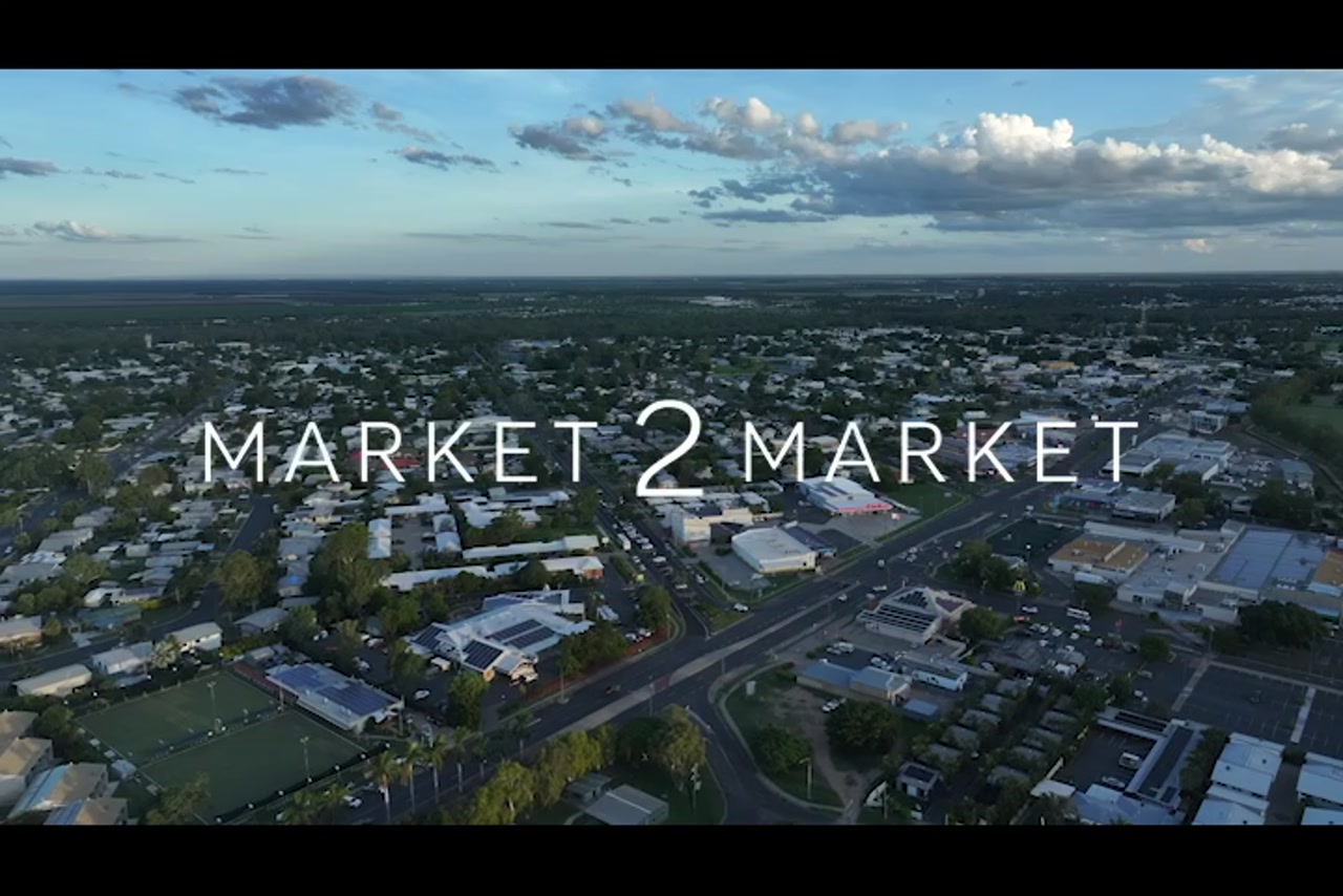 Aerial footage over Rockhampton CBD, at dusk